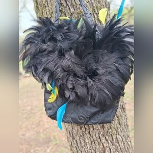 Black Feathered Handbag with Colorful Accents